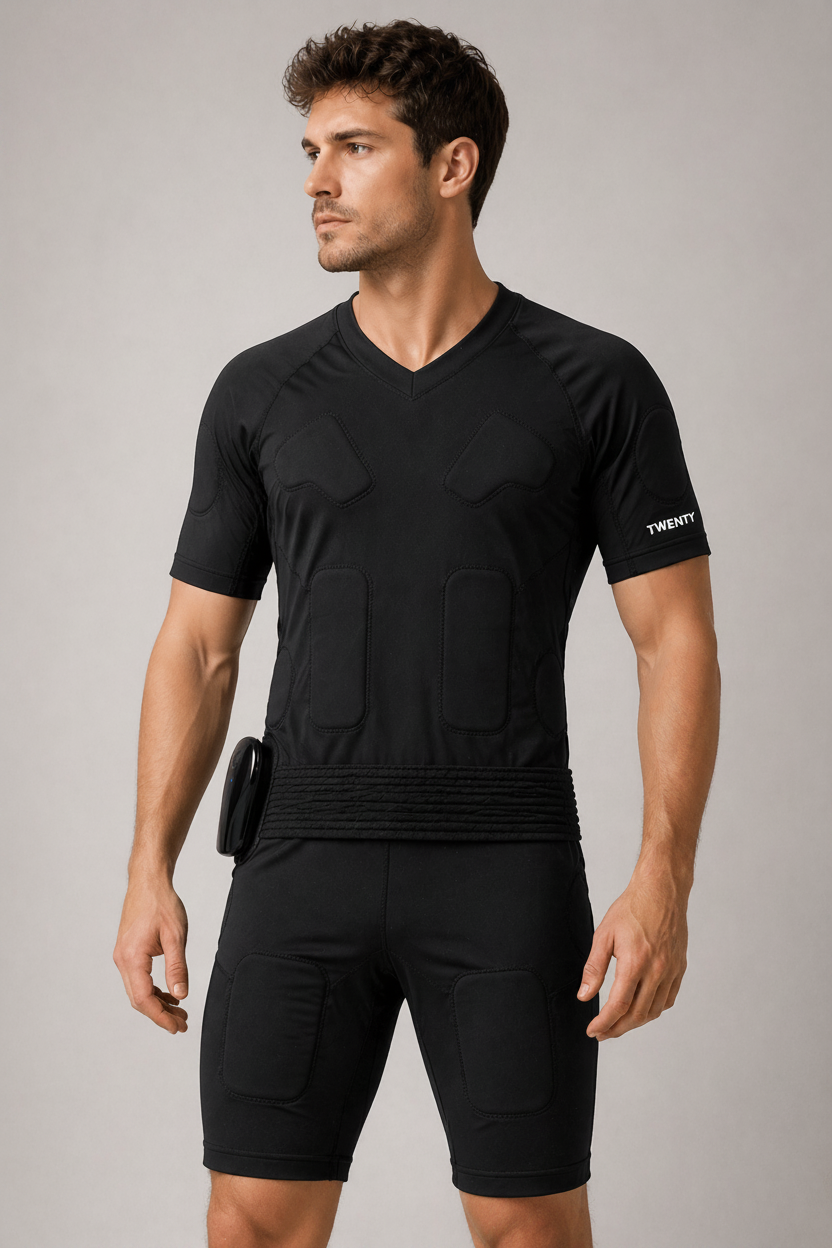 Men’s EMS fitness suit by TWENTY Fitness, lightweight full-body compression suit with electrode pads for muscle stimulation.