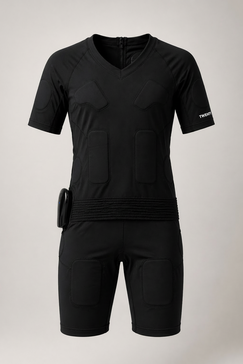 Men’s EMS suit by TWENTY Fitness featuring a full-body black suit with adjustable straps and high-tech EMS wiring.