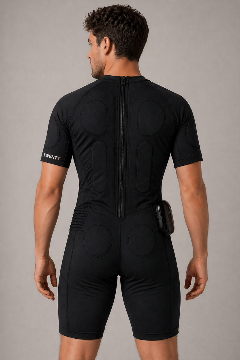 Men’s EMS suit from TWENTY Fitness, designed for muscle stimulation and fitness training, shown in black with adjustable straps.
