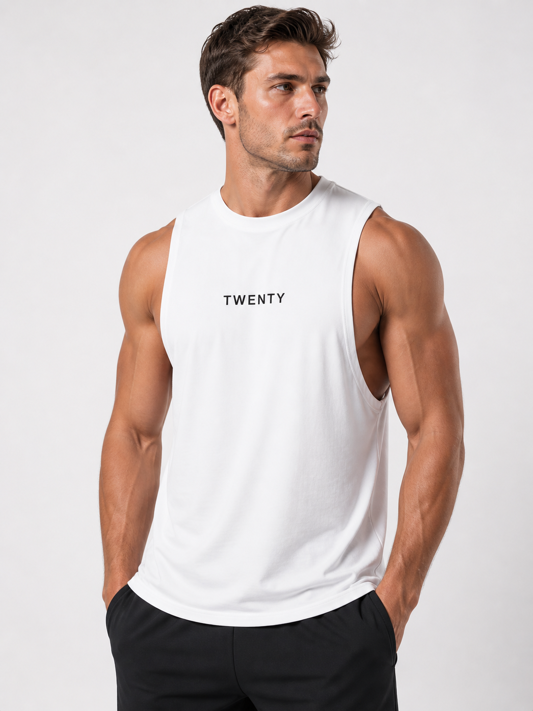 TWENTY Fitness Arctic White Performance Vest showing lightweight fabric and sleeveless design for active workouts.