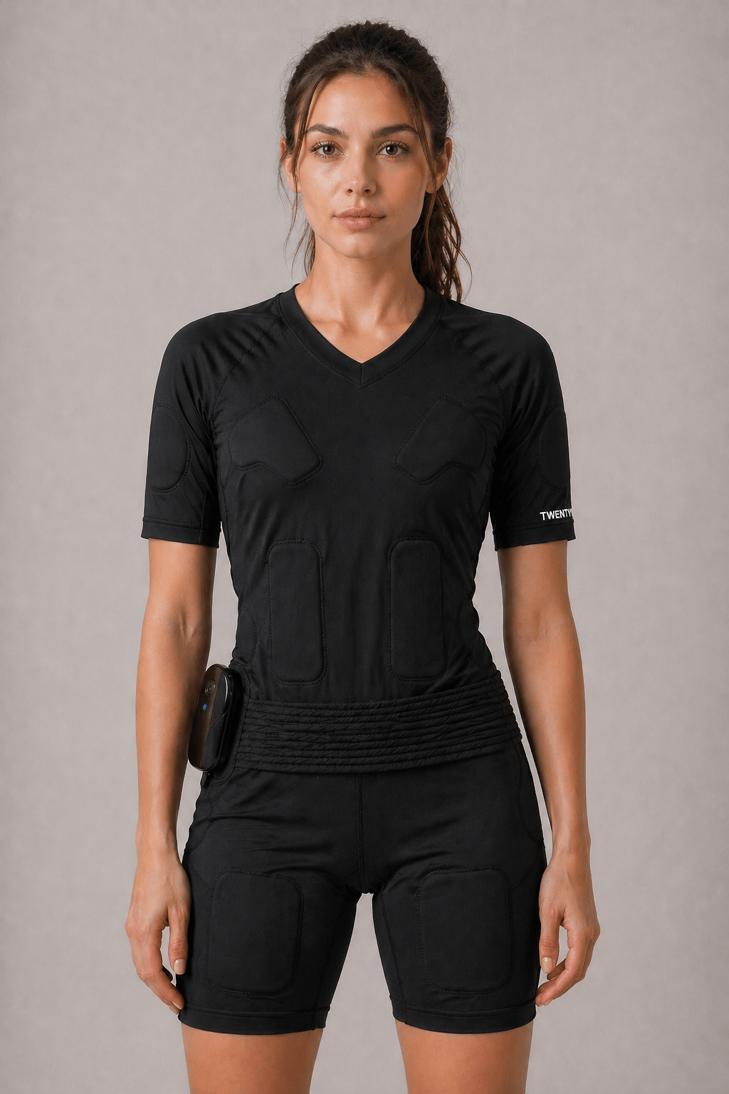 Women’s EMS suit by TWENTY Fitness, featuring sleek fabric and adjustable straps, designed for enhanced workout performance.