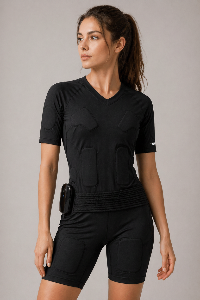 Women’s EMS suit by TWENTY Fitness featuring black fabric, adjustable straps, and integrated electrode pads for muscle stimulation.