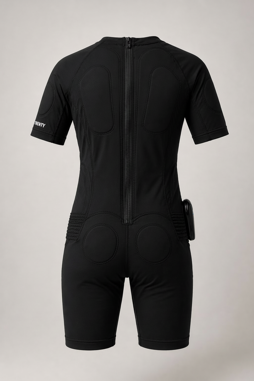Men's EMS suit by TWENTY Fitness, showing the back view with adjustable straps and electrode pads for electrical muscle stimulation.
