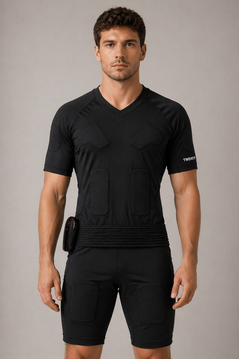 Men’s EMS suit by TWENTY Fitness, featuring flexible fabric and multiple electrode pads for full-body muscle stimulation.